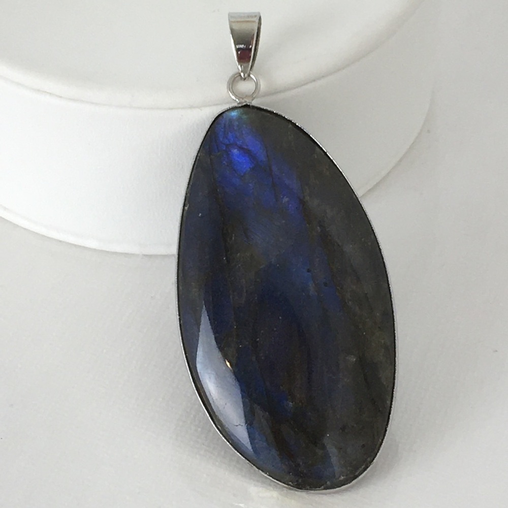 Labradorite Blue Green Flash Large Pendant Oval Natural Stone Silver Metal Wrap - Picture 4 of 14